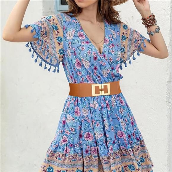 Leather Elastic Waist Belt â Double Buckle Wide Cinch Belt for Women - Picture 4 of 4